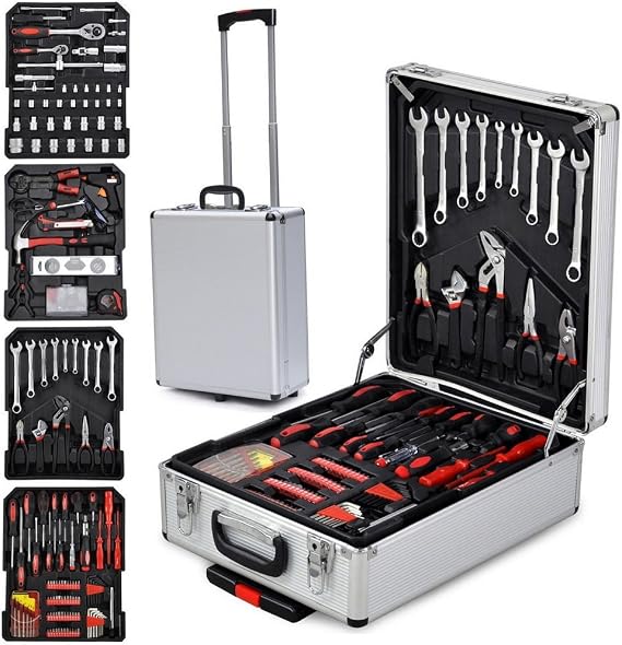 799pcs Aluminum Trolley Case Tool Set, Tool Box With Mechanic Travel Tool Kit Wrenches Socket Trolley Standard Metric Hand Tool Kit With Case Box Organize Castors Trolley, Adjustable Wrench, Pliers