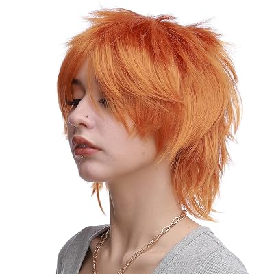Benehair Short Cosplay Wigs Unisex Short Spiky Layered Anime Cosplay Wigs Fluffy Fashion Dark Orange Cosplayer Wig for Men Women Cosplayer Synthetic Straight Wig for Halloween Party