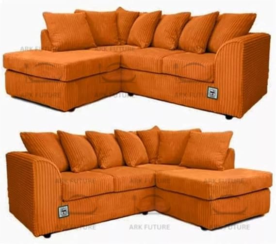 Modern Corduroy Corner Sofa with Chaise, L-Shaped Sectional Couch with Scatter Cushions, Deep Seat Sturdy Wooden Frame Washable Covers, Comfortable 210 x 163 (Orange, RH)