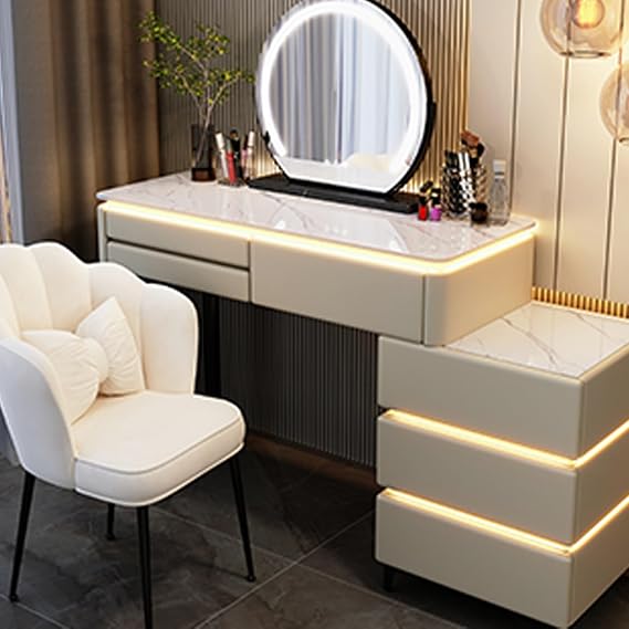 Makeup Vanity Desk With Lighted Mirror And Stool - Elegant Vanity Table with 3 Light Settings, 3 Drawers, and Side Cabinet - Vanity Desk with Mirror for Bedroom Makeup Organizer