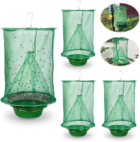 4 Pack Ranch Fly Trap Hanging, Fly Traps Outdoor Fly Catcher Killer Hunter Cage Control, Farm Horse Stable Fly Trap for Orchard, Barn, Garden | Fly Catcher with Bait Tray, Fly Catcher Killer Hunter Cage Control, Farm Horse Stable Fly Trap for Orchard Barn Garden