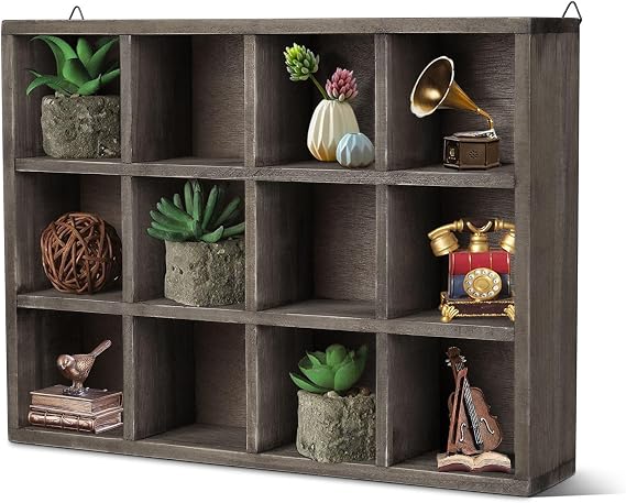 Flexzion Knick Knack Shelf and Trinket Shelf, 12-Compartment Brown Cubby