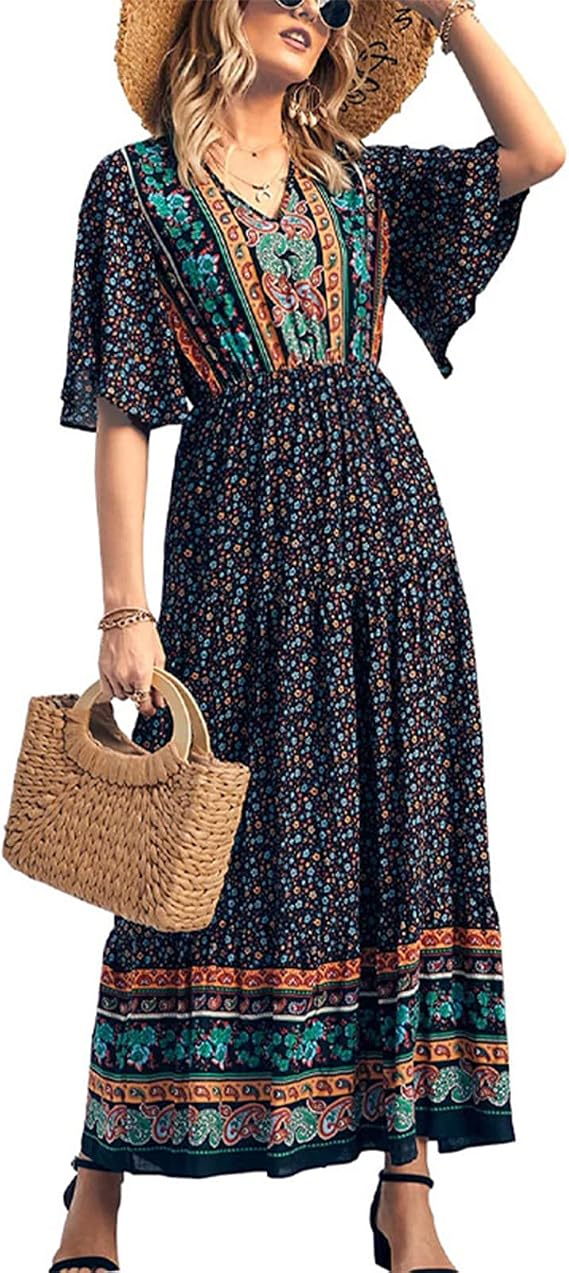 Women's Summer Casual Maxi Dress Bohemian Floral V Neck Puff Short Sleeve Ethnic Style Beach Tiered Sundress Long Swing Dress