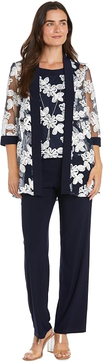 R&M Richards Women's Elegant 2-Piece Mock Jacket W/Floral Threadwork & Soutache Pant Set