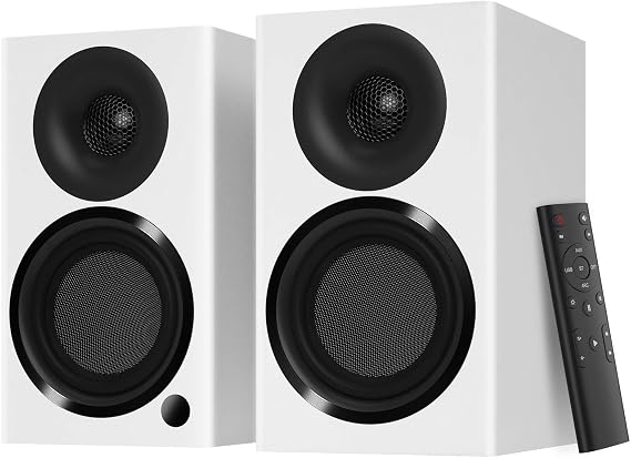 BS4 Powered Bluetooth Bookshelf Speakers, Set of 2, White | 120W Active Speakers with 4 Inch Woofer, aptX Bluetooth & USB Input, HiFi Sound for Home, Studio & Gaming
