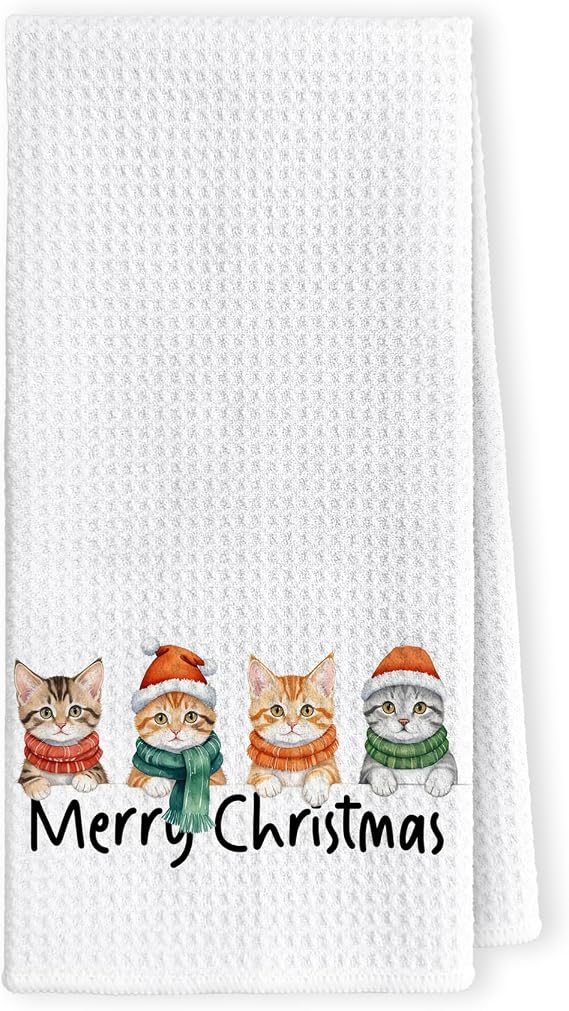 Christmas Kitchen Towels, Merry Decorative Hand Towels, Cat Decor, Cat Gifts, Winter Holiday Kitty Hand Tea Towels 16x24in
