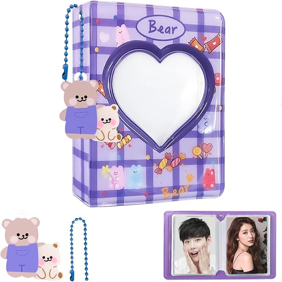 Kpop Photocard Holder 3 Inch Photocard Binder, Mini Photo Album Kpop Photocard Binder, Love Heart Hollow Kpop Photocard Album Kpop Binder Collect Album with Lovely Pendant (40 Pockets, Blue)