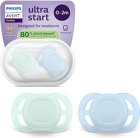 Philips Avent Ultra Start Soothers - Orthodontic Design, for Newborns, Soft Silicone Symmetrical Teat, BPA-Free, with Sterilizing Case, 2 Pack, SCF075/12