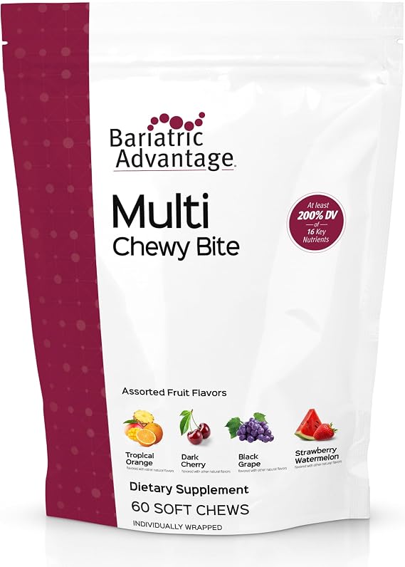 Bariatric Advantage Multi Chewy Bite, Assorted Fruit, 60 Count | Soft Chew Multivitamin for Bariatric Surgery Patients, Chewable Multivitamin with Folic Acid, Vitamin D3 and More