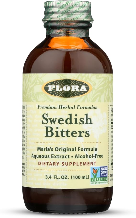 Flora - Swedish Bitters for Digestion, Alcohol-Free Bitters Help Bloating & Digestion, Maria's Original Formula Aqueous Extract, Vegan, Kosher, Non GMO, 3.4-fl. oz. Glass Bottle