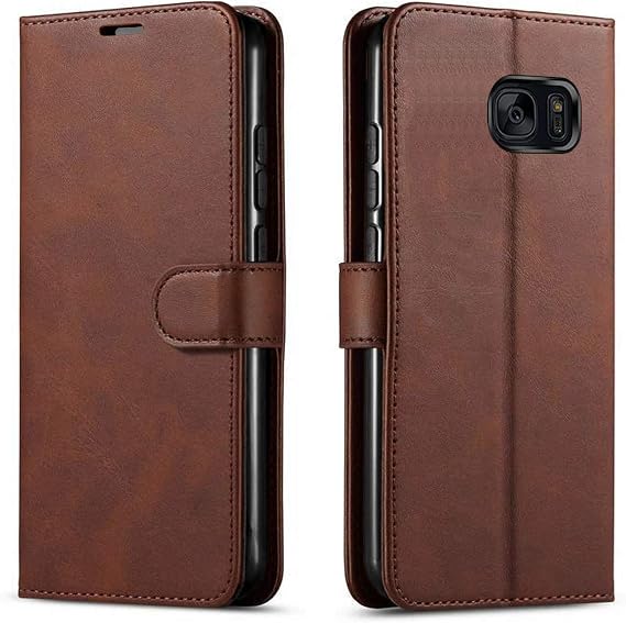 STARSHOP Compatible with Samsung Galaxy S7 Phone Case Cover, with [Tempered Glass Screen Protector Included] PU Leather Wallet Shockproof Kickstand Card Slots Magnet Closure -Brown