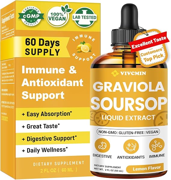 Soursop Bitters Liquid Graviola Leaf Extract 2 Fl Oz Lemon Flavor | Easy-to-Take Liquid, Daily Wellness, Energy Support, Immune Support, Vitamin C & D, Sugar Free, Non-GMO, Alcohol-Free