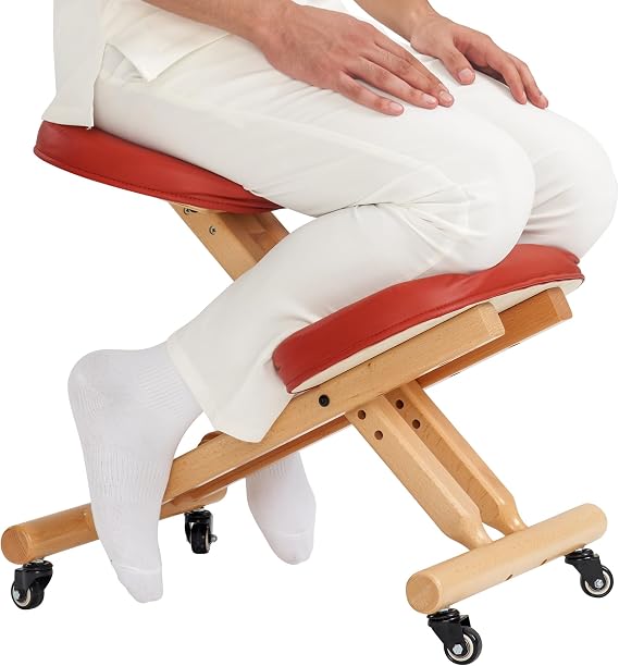 Master Massage Ergonomic Wooden Foldable Kneeling Chair for Office Wood Folding Posture Chair for Home-Posture Correction Stool-Improve Your Posture Cinnamon Color