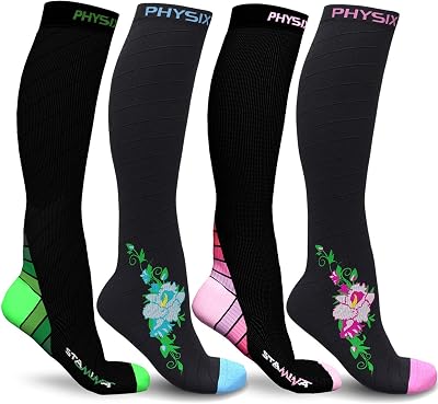 Physix Gear Sport 4 Pairs of Compression Socks for Men & Women in BlackGreen  BlackPink  BlackBlue Flowers  BlackPink Flowers L-XL Size