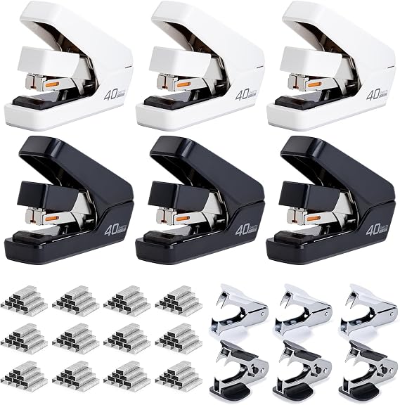 Deli Stapler, Effortless Staplers for Desk, 40 Sheet Capacity Heavy Duty Stapler, One Touch, No Effort, Easy to Load, with 2000 Staples & Staple Remover, 6 Pack, Black&White