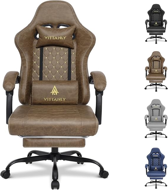 Vittanly Gaming Stuhl mit Frühling Kissen Ergonomischer Gaming Chair Gamer Stuhl mit Kopfstütze Lendenkissen und Fußstütze Höhenverstellbarer Drehbarer Gaming Sessel Bürostuhl 150 kg Braun