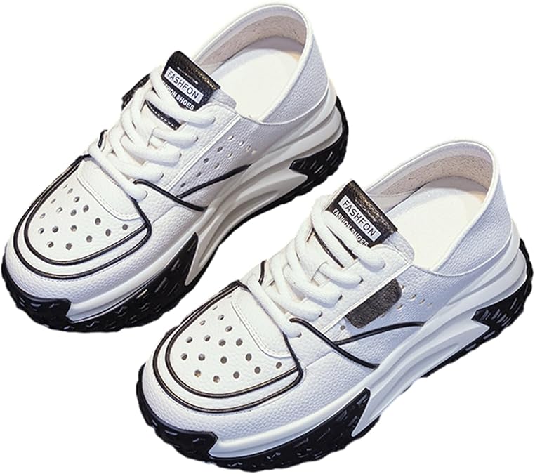 Women's Leather Lace-up Thick Sole Sneakers Fashionable Color Block Slip-On Chunky Heightening Loafers Comfortable Round Toe Causal Walking Dad Shoes