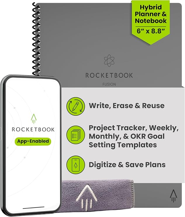 Rocketbook Fusion Hybrid Reusable Planner Notebook, Executive 6x8.8, Grey | Goal Tracking, Project Planning & Note-Taking in One Notebook