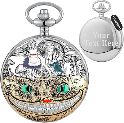 Tiong Personalized Pocket Watches,Engraved Your Want Text/Name Nostalgia Alice Quartz Pocket Watch Men's Custom Quartz Uncovered Customized Pocket Watch Best Gifts