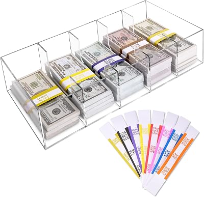 Clear Cash Tray With 300 Currency Wrappers, Acrylic Money Organizer Storage Change Box Case - 5 Compartments