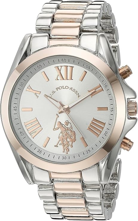 U.S. Polo Assn. Women's Two-Tone Analog Watch Silver Dial with Rose Gold Accents, 41mm Metal Case, and Alloy Link Bracelet Elegant Quartz Timepiece for Everyday Style
