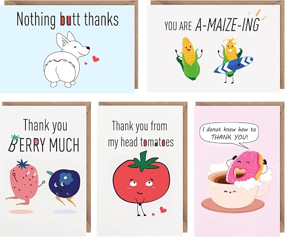 Hunanyume 50 Funny Thank You Cards, 46 in Blank Punny Greeting Notes with Envelopes and Stickers, Boxed Bulk Note Cards Assortment for Teachers Friends Business Coworker Employee Appreciation