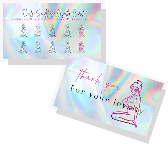 Boutique Marketing LLC Body Sculpting Loyalty Discount Card | 50 Pack | 2x3.5 inch Business Card Size | Non-Reflective Matte Rainbow Holographic Look Design