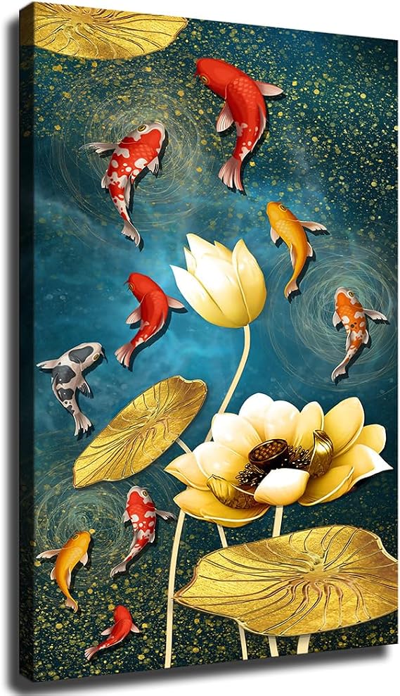 Golden Lotus Nine Koi Fish Poster Home Wall Art Decor Canvas Painting HD Picture Print Bedroom Living Room Decor (Framed,0812inch)
