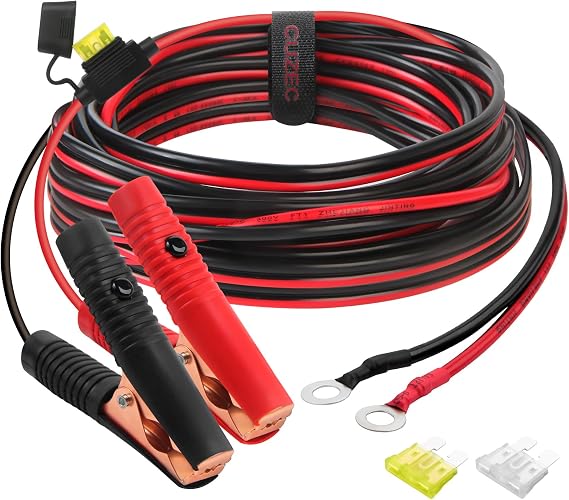 CUZEC 14FT/4.27m 14 AWG Extension Cord Eyelet Terminal with Battery Clamp 12V/ 24V Battery Clip-On For High-power inverter and More (13.1FT LONG)