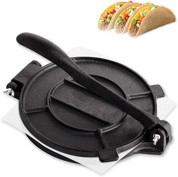 Cast Iron Tortilla Press Heavy Duty Tortilla Maker 12" Flour Tortilla Press with Folding Handle, Tacopter and Parchment Paper, 12" Black