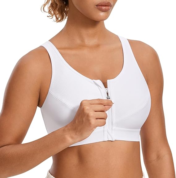 SYROKAN Women's Zip Front Unlined Bra Wireless Racerback | Hight Impact, Full Back, Cross-Strap