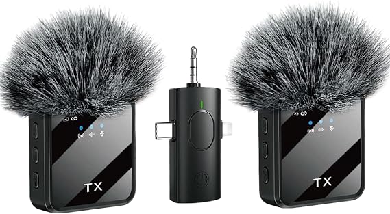 Wireless Microphones, 3 in 1 Lavalier Microphone with Noise Cancellation 3.5 mm Microphone 2 Pack Mini LED Display Mic for Interview, ASMR, Video and Podcasting