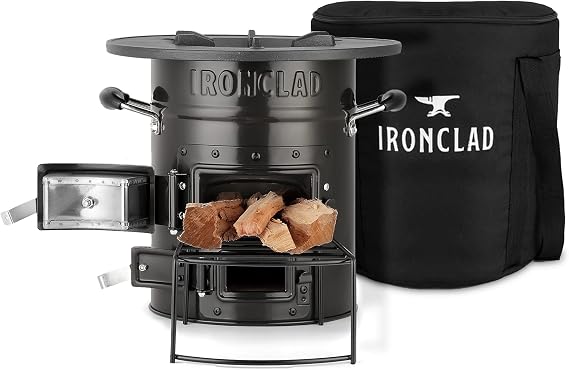 IronClad Supply Rocket Stove Camping Wood Stove for Emergency Preparedness, Survival, Off Grid Living Supplies Portable Wood Burning Stove with Canvas Storage Bag and Fuel Support System