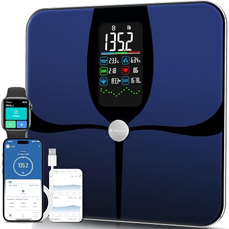 Lepulse Smart Weight Scale with BMI Body Fat Muscle Mass,USB Rechargeable | 4.68"Large Display with Trend, High Accurate 22 Body Composition Scale with Heart Rate,Digital Bathroom Scale with App, Black