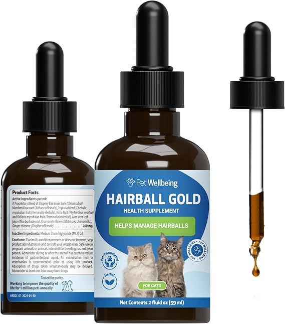 Pet Wellbeing Hairball Gold for Cats - Vet-Formulated - Eases Passage of Hairballs Through Digestive Tract - No Mineral Oil, All-Natural Lubrication - 2 oz (59 ml) | NASC Certified & Vet-Formulated Liquid Hairball Supplement with Slippery Elm & Triphala for Hairball Passage & Gut Comfort