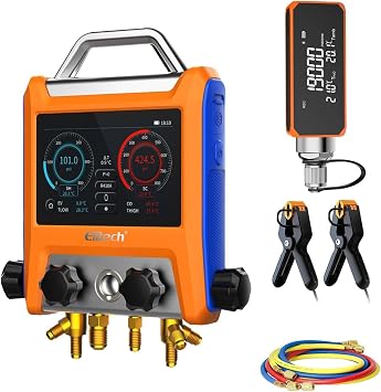 Elitech Digital 4 Valve Manifold Gauge HVAC with Refrigerant Hoses, Vacuum Micron Gauge, Thermometer Clamps, OTA Upgrade, Wireless APP Control, EMG-40VPro