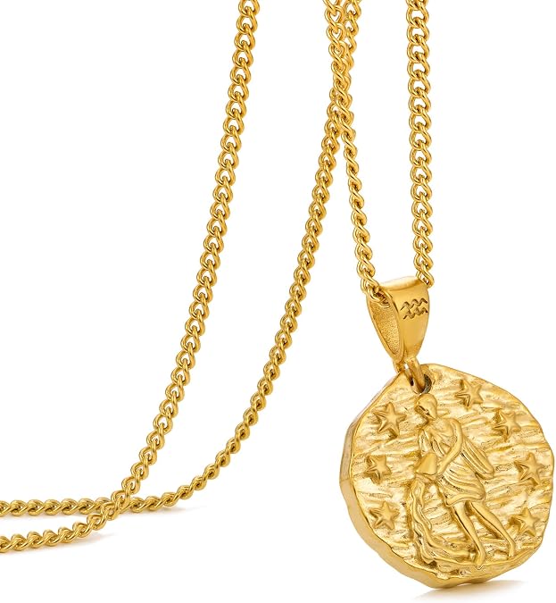Zodiac Necklace for Men Women, Stainless Steel 12 Constellation Mens Necklace, Horoscope Astrology Embossed Zodiac Pendant Necklace, Ideal Gifts for Men Women Teens
