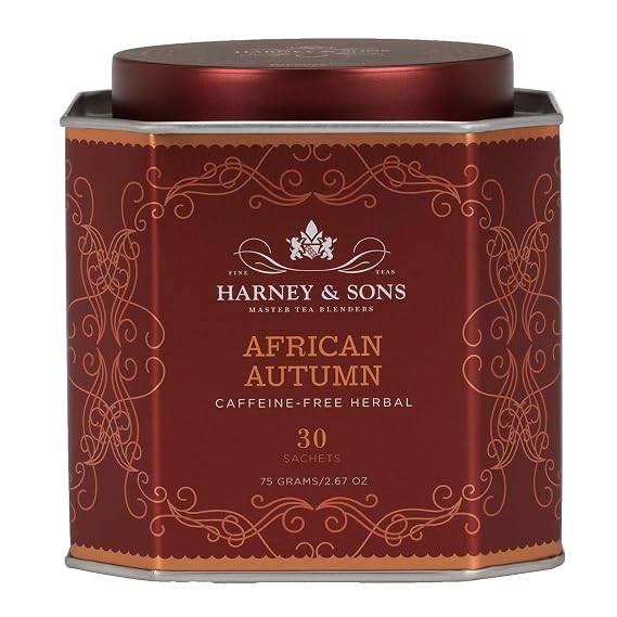 Harney & Sons African Autumn Rooibos Tea, 30 Sachets in Tin | Rooibos herbal tea with cranberry and orange flavors. Naturally caffeine free.