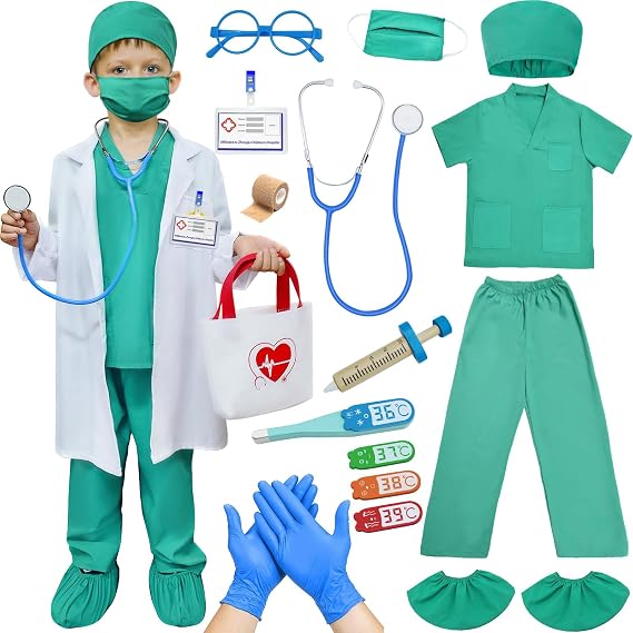 Doctor Costume for Kids - Surgeon Nurse Halloween Dress Up With Coat - Kit Gifts for Boys Girls