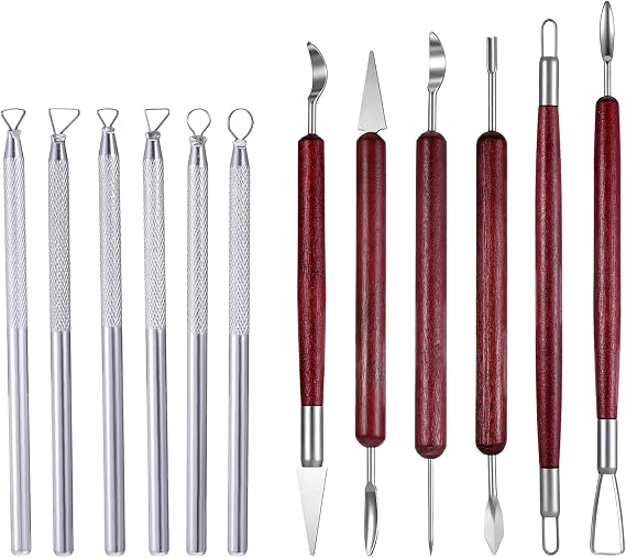 12 PCS Clay Carving Tools, Double-Sided Clay Sculpting Tools Wooden Handle Clays Wire Loop Sculpture Set Clays Pottery Sculpting Tool Set for Ceramic, Carving Modeling