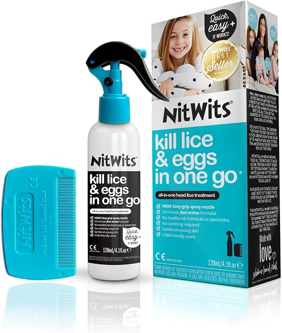 NitWits All-in-One Lice Treatment Spray, Kills Super Lice & Eggs, 120ml | Includes lice comb for easy removal, suitable for kids, adults, whole family, simple at home application, single use