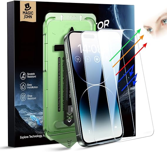 MAGIC JOHN 2PACK for iPhone 14 Pro Max (6.7") Eye Protection Screen Protector, HD Clear, Auto Dust-Elimination, 9H Tempered Glass & Scratch Resistance, Full Edge Coverage