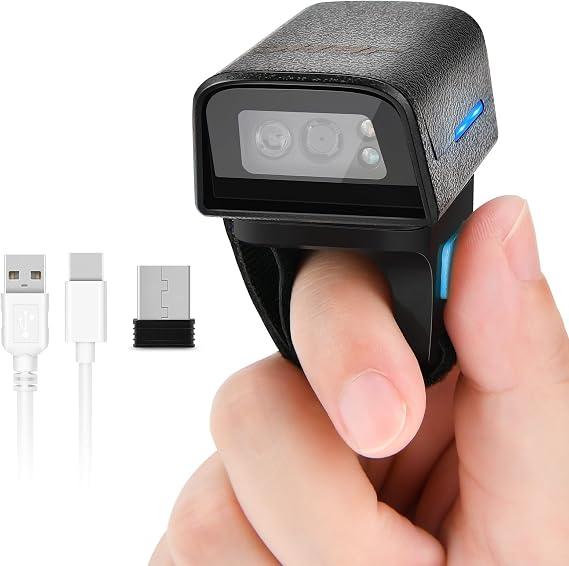1D 2D Bluetooth Portable Ring Barcode Scanner, Wearable Mini Barcode Reader with Wireless 2.4Ghz &Bluetooth &USB Wired 3 in 1, Connectable Windows/Mac OS/Android
