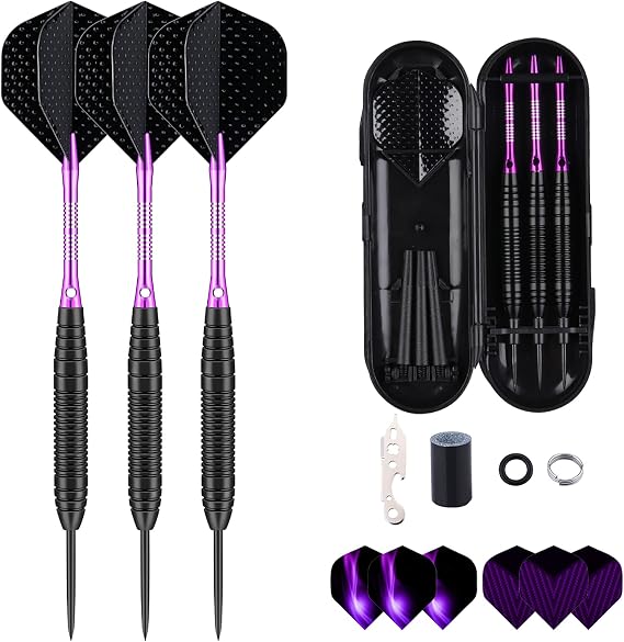 Professional Steel Tip Darts Set – 3 Pack (22g, 23g, 24g, 26g, 27g,) with Brass Barrels, Darts Stems, Flights, 50 Rubber O-Rings, 12 Spring Rings & Dart Sharpener for Dartboard
