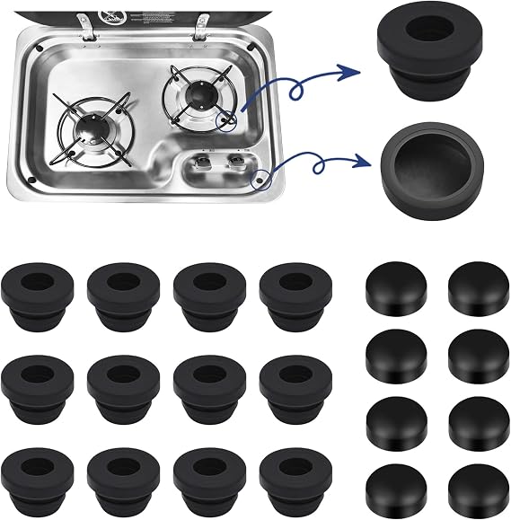 Pack of 12 pot carrier rubbers and 8 cover caps rust rubber feet protective rubber grommets for caravan stoves compatible with 5 mm rods from Smev