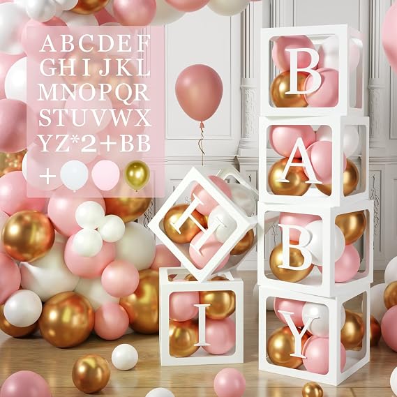 Baby Boxes with Letters for Baby Shower, 6pcs Transparent Boxes with 2 Set of A-ZB Letter and 45pcs Balloons for Girl Baby Shower Decoration, Birthday Party Block, Bridal Shower Decor Backdrop