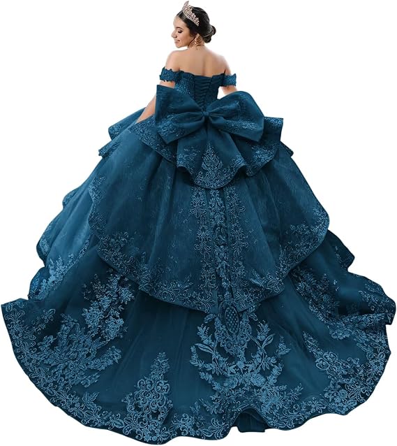 Mouccy Lace Beaded Quinceanera Dresses with Ruffles Bow Puffy Ball Gown