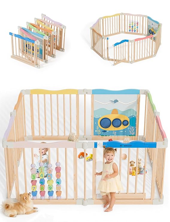 Foldable Wooden Playpen, 55 x 55 x 24 inches, Ocean Adventure, Colorful