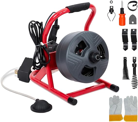 PIONEERWORKS 50Ft x 5/16 Inch Drain Cleaner Machine, Electric Drain Auger Professional for 3/4 to 3 Inch Pipes, Foot Switch with 6 Cutters, Glove, Drain Auger Cleaner Sewer Snake - DA04