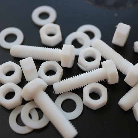 10x Natural PTFE Hex Head Plastic Screws & Bolts M5 x 20mm, Nuts & Washers | metric threaded hardware kit, thermally stable, for scientific instruments; 13/64 x 25/32 in